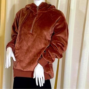 Express One Eleven Rusty-Brown Plush Velour Half Zip Hoodie - XS